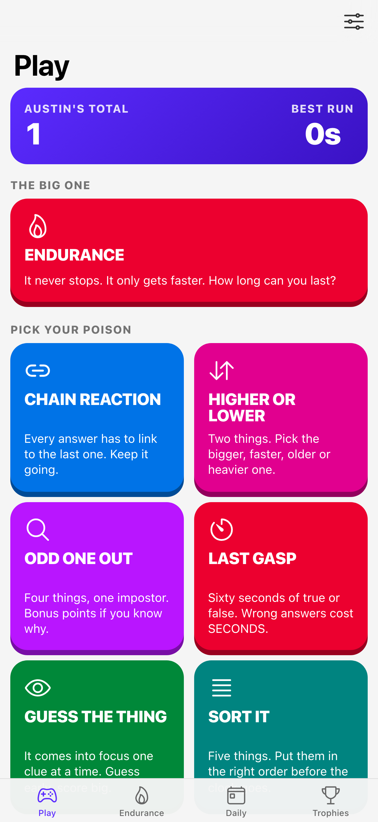 The EXHAUSTIN home screen: Endurance across the top, then six coloured mode tiles.