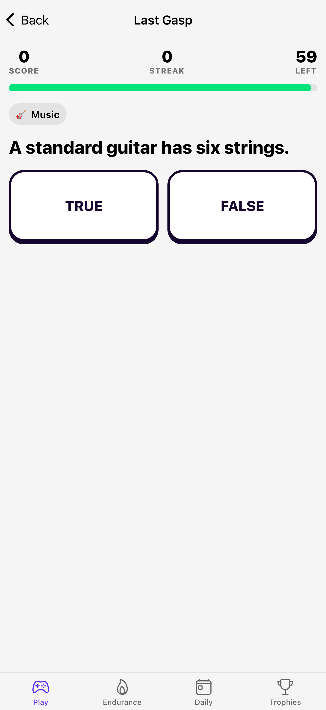 A Last Gasp question — "The Titanic sank in 1912." — with TRUE and FALSE buttons and 59 seconds on the clock.